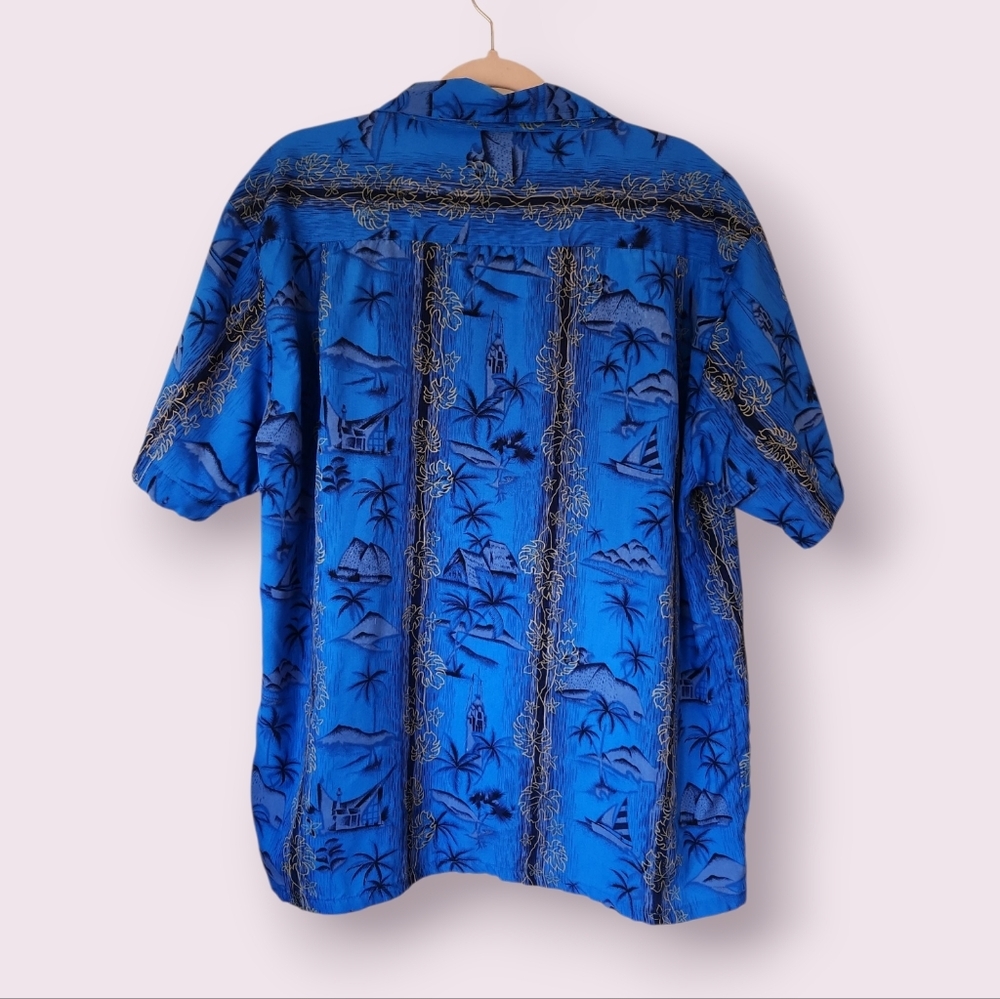 Kennington | Vintage Hawaiian Button Down Shirt Blue Tropical Palm Print Size L - Picture 2 of 4